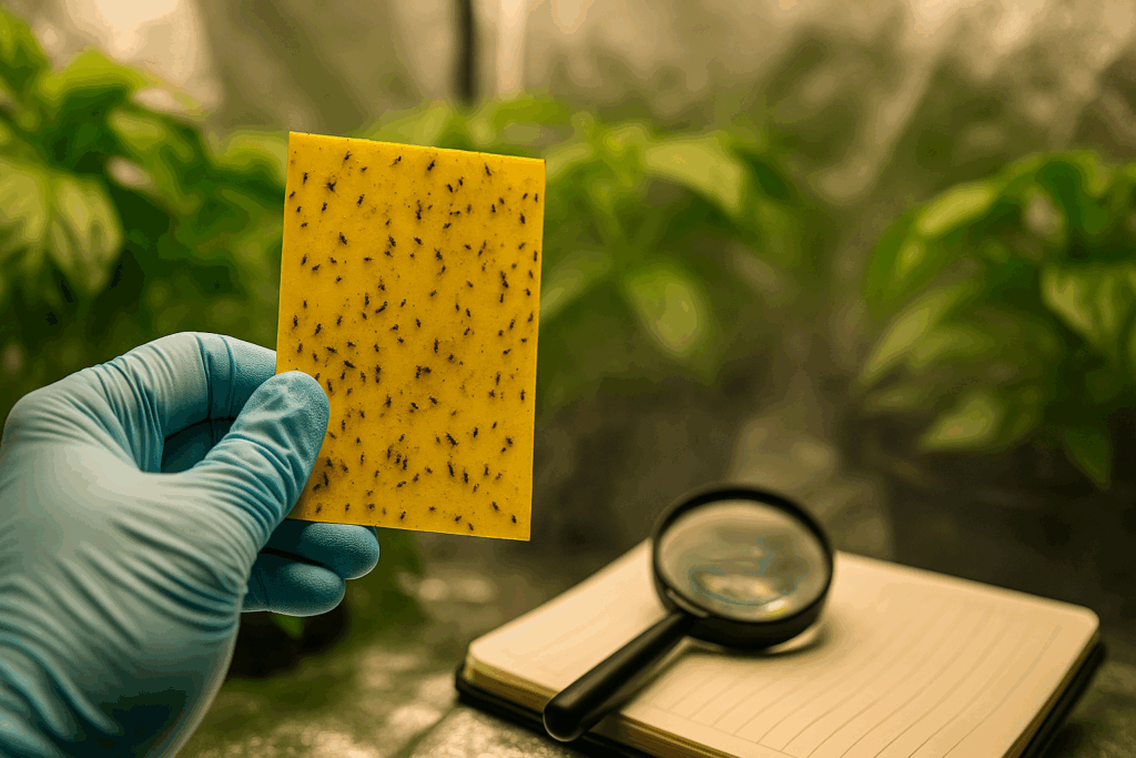 Integrated Pest Management indoor garden sticky card showing pest monitoring for thrips and fungus gnats.