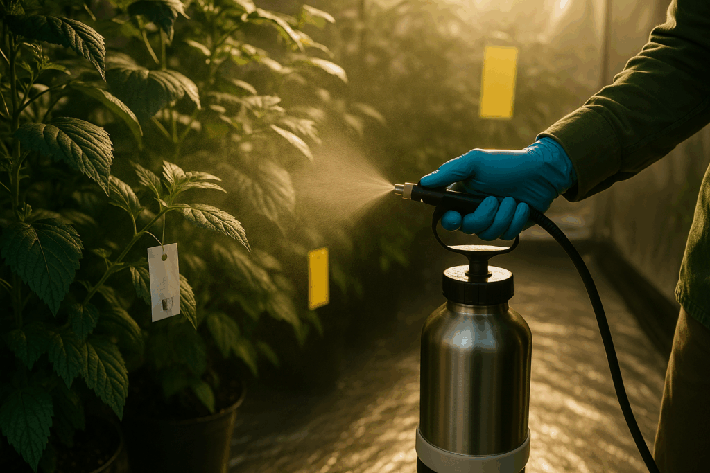 Integrated Pest Management indoor garden biological control and safe spray application scene.