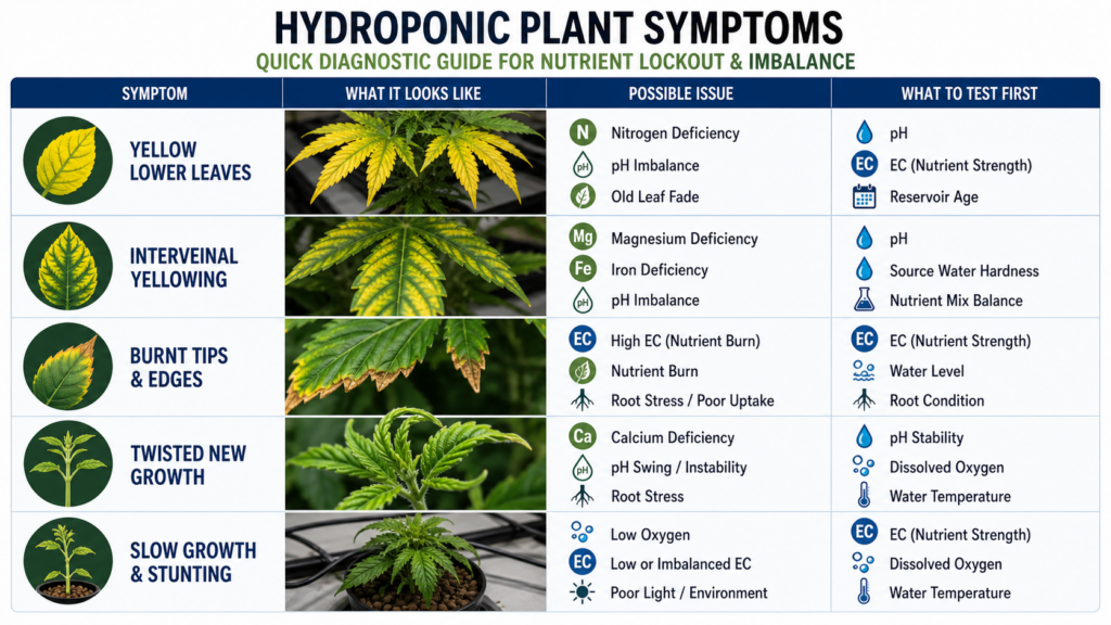 nutrient lockout in hydroponics symptom chart showing yellow leaves burnt tips interveinal chlorosis and plant stress