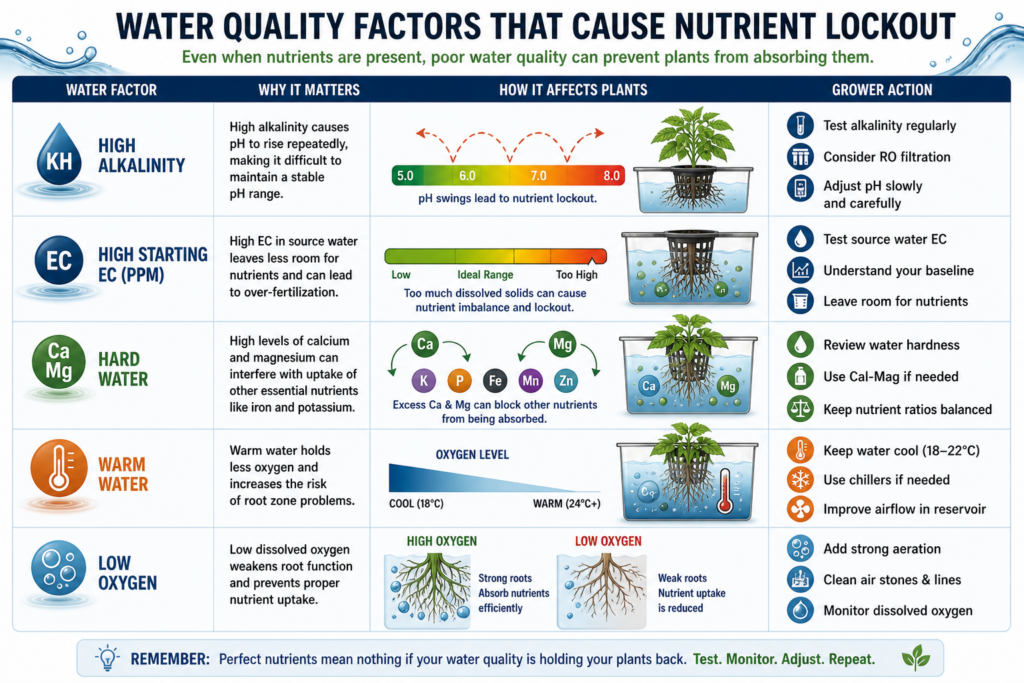 nutrient lockout in hydroponics caused by water quality issues like high EC alkalinity low oxygen and warm water