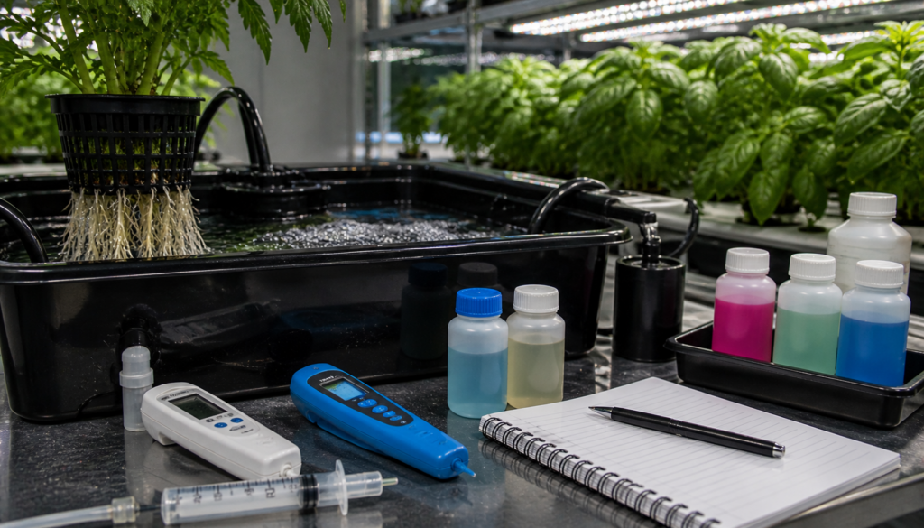 nutrient lockout in hydroponics testing tools including pH meter EC meter calibration solution and reservoir setup